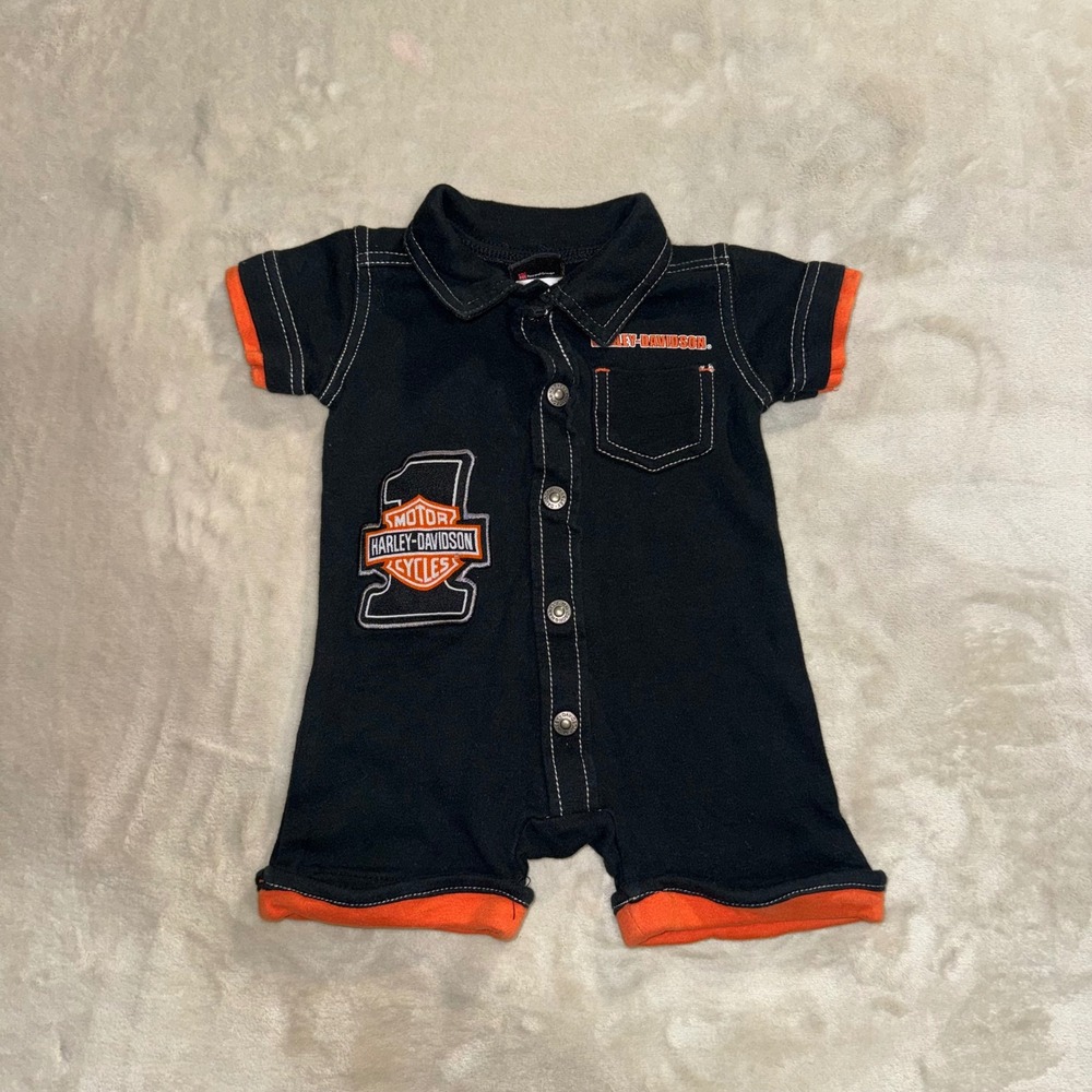 Harley-Davidson Baby Romper Black Orange Motorcycle Team Snap Front 0-3 Months